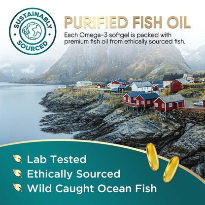 Omega 3 Fischöl Kapseln 2400 mg pro Portion - Dreifach Stärke mit EPA & DHA - Unterstützt Herz, Gehirn & Immunsystem - Wild gefangen, in den USA abgefüllt - 120 Softgels