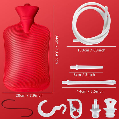 Einlaufbeutel 2L – Heim-Einlaufset mit 2 Einlaufspitzen, 150 cm langer Silikonschlauch, regulierbares Wasserventil, Wärmflasche für Darmreinigung – für Damen und Herren (Rot)