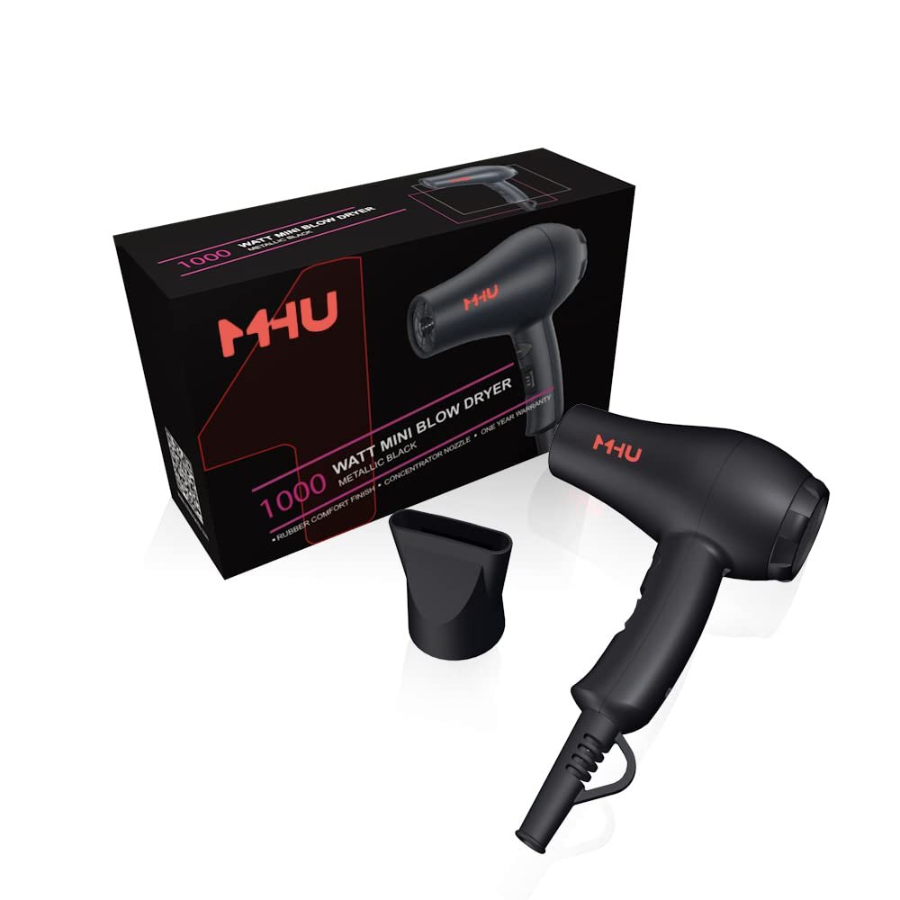 MHU Mini Haartrockner Keramik Ionen 1000 Watt für Malerei und Acryl Gießen, Kleiner Föhn Kompakt und Leicht für Kinder und Reisen, 2 Geschwindigkeitsstufen und Kaltstoss plus Konzentrator, Schwarz
