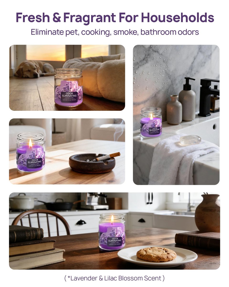 TRINIDa Lavendel & Fliederblüte Duftkerzen Set – 12oz Premium Sojakerzen zur Geruchsbeseitigung für Zuhause