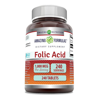 Amazing Formulas Folsäure 1000 mcg (1 mg) | 240 Tabletten | Vitamin B9 | Non-GMO | Glutenfrei | Hergestellt in USA