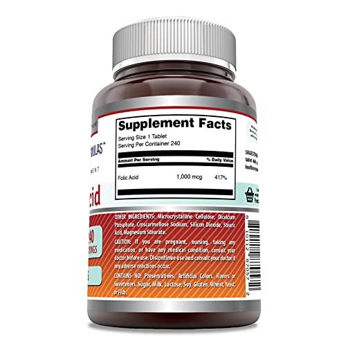 Amazing Formulas Folsäure 1000 mcg (1 mg) | 240 Tabletten | Vitamin B9 | Non-GMO | Glutenfrei | Hergestellt in USA