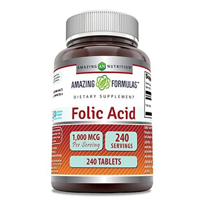 Amazing Formulas Folsäure 1000 mcg (1 mg) | 240 Tabletten | Vitamin B9 | Non-GMO | Glutenfrei | Hergestellt in USA