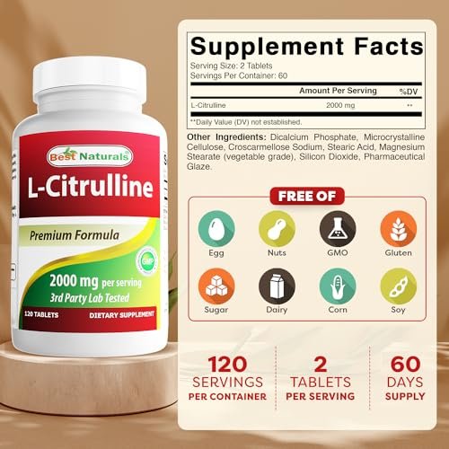 Best Naturals L-Citrullin 2000 mg pro Portion – Non-GMO – Glutenfrei – 120 Tabletten