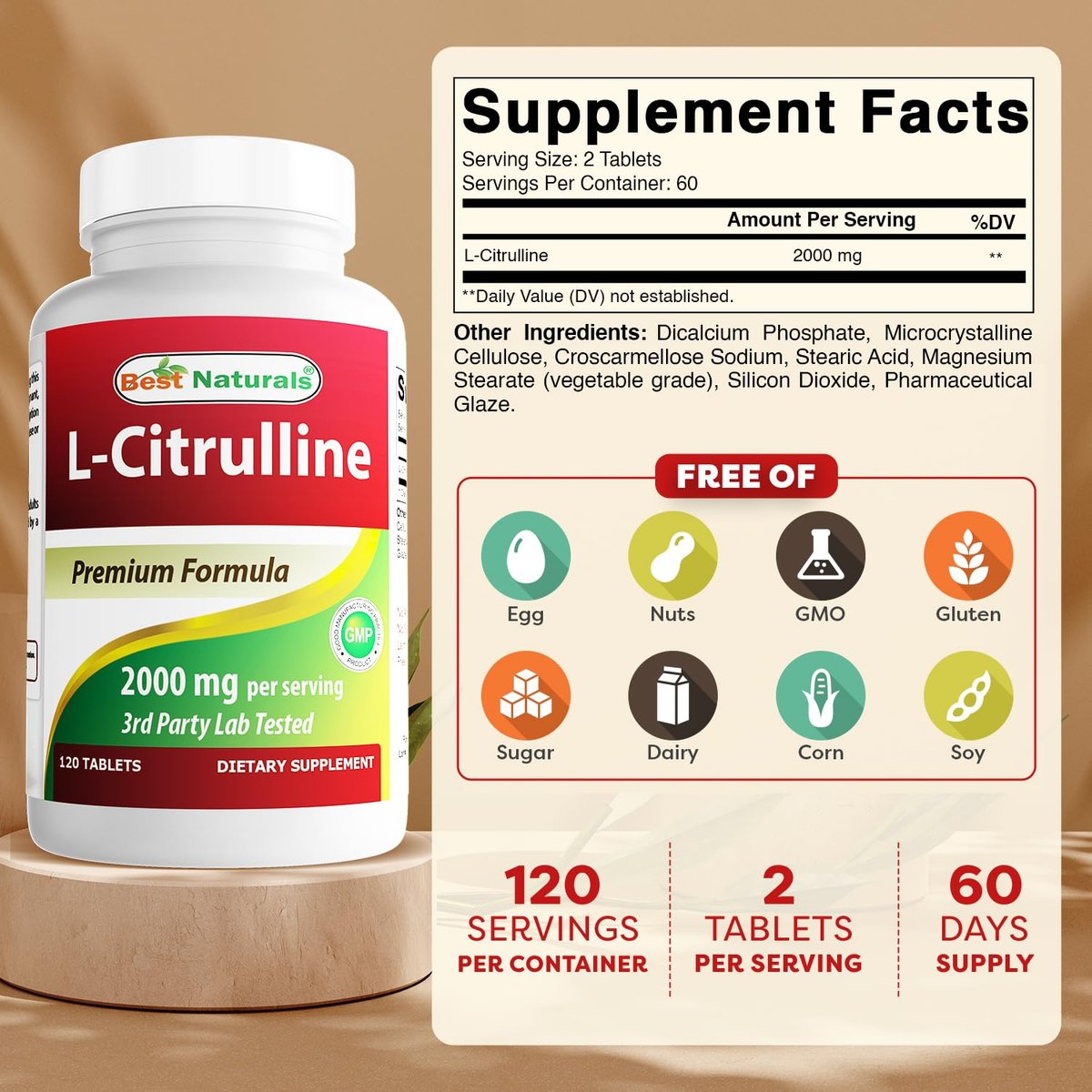 Best Naturals L-Citrullin 2000 mg pro Portion – Non-GMO – Glutenfrei – 120 Tabletten