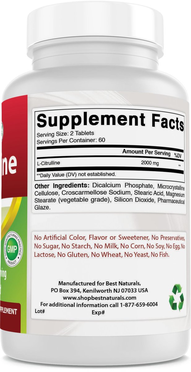 Best Naturals L-Citrullin 2000 mg pro Portion – Non-GMO – Glutenfrei – 120 Tabletten