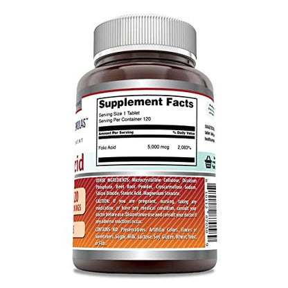 Amazing Formulas Folsäure 5000 µg pro Portion | Tabletten | Non-GMO | Glutenfrei | Hergestellt in den USA (1 Packung, 120 Tabletten)
