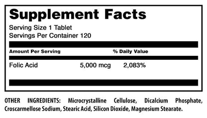 Amazing Formulas Folsäure 5000 µg pro Portion | Tabletten | Non-GMO | Glutenfrei | Hergestellt in den USA (1 Packung, 120 Tabletten)