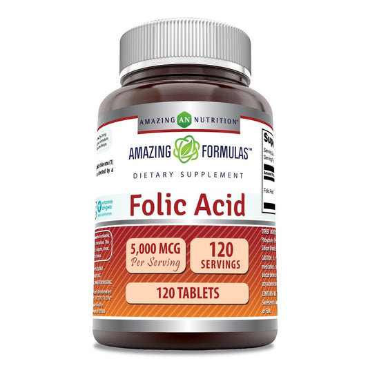 Amazing Formulas Folsäure 5000 µg pro Portion | Tabletten | Non-GMO | Glutenfrei | Hergestellt in den USA (1 Packung, 120 Tabletten)