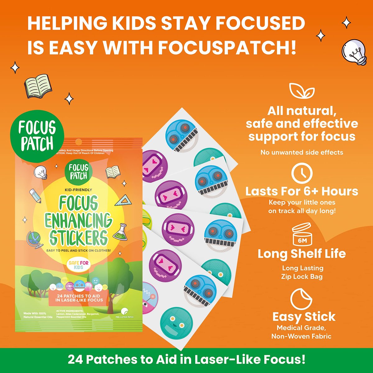 NATPAT Focus Patch – Konzentrationssticker für Kinder und Erwachsene – 24 natürliche Aufmerksamkeitspflaster – Chemikalienfrei & ohne Drogen