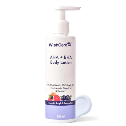 WishCare 10% AHA + 1% BHA Body Lotion für Männer & Frauen - Körperlotion für trockene Haut - Entfernt Verfärbungen, glättet raue & unebene Haut 200ml