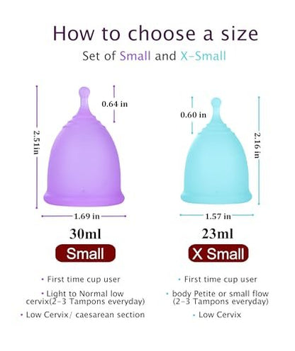 Ginalaia Kleiner Menstruationsbecher mit zusammenklappbarem Aufbewahrungsbecher, auslaufsicheres Design aus medizinischem Silikon, wiederverwendbar, für 12 Stunden geeignet (S+XS)