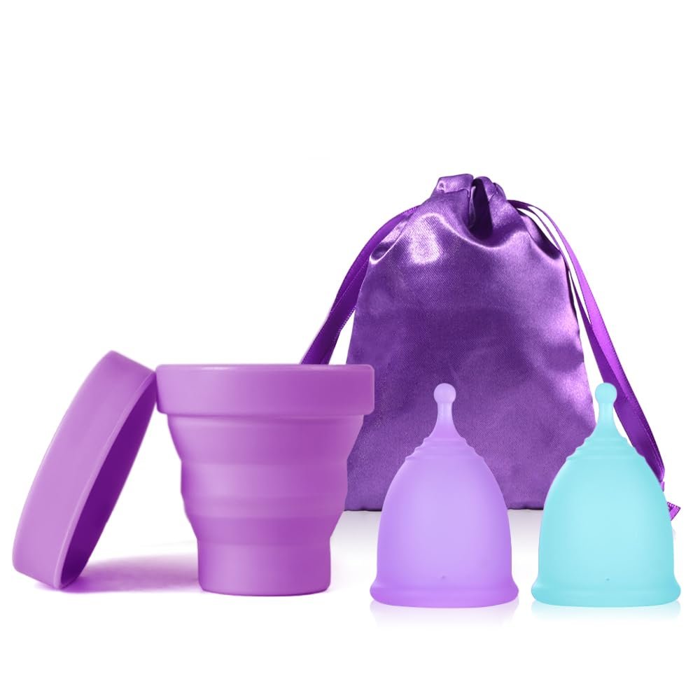 Ginalaia Kleiner Menstruationsbecher mit zusammenklappbarem Aufbewahrungsbecher, auslaufsicheres Design aus medizinischem Silikon, wiederverwendbar, für 12 Stunden geeignet (S+XS)