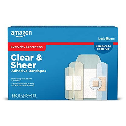 Sheer and Clear Adhesive Bandages Familien-Varietätspackung für kleine Schnitte, Schürfwunden, Erste Hilfe und Wundversorgung, verschiedene Größen, 280 Stück