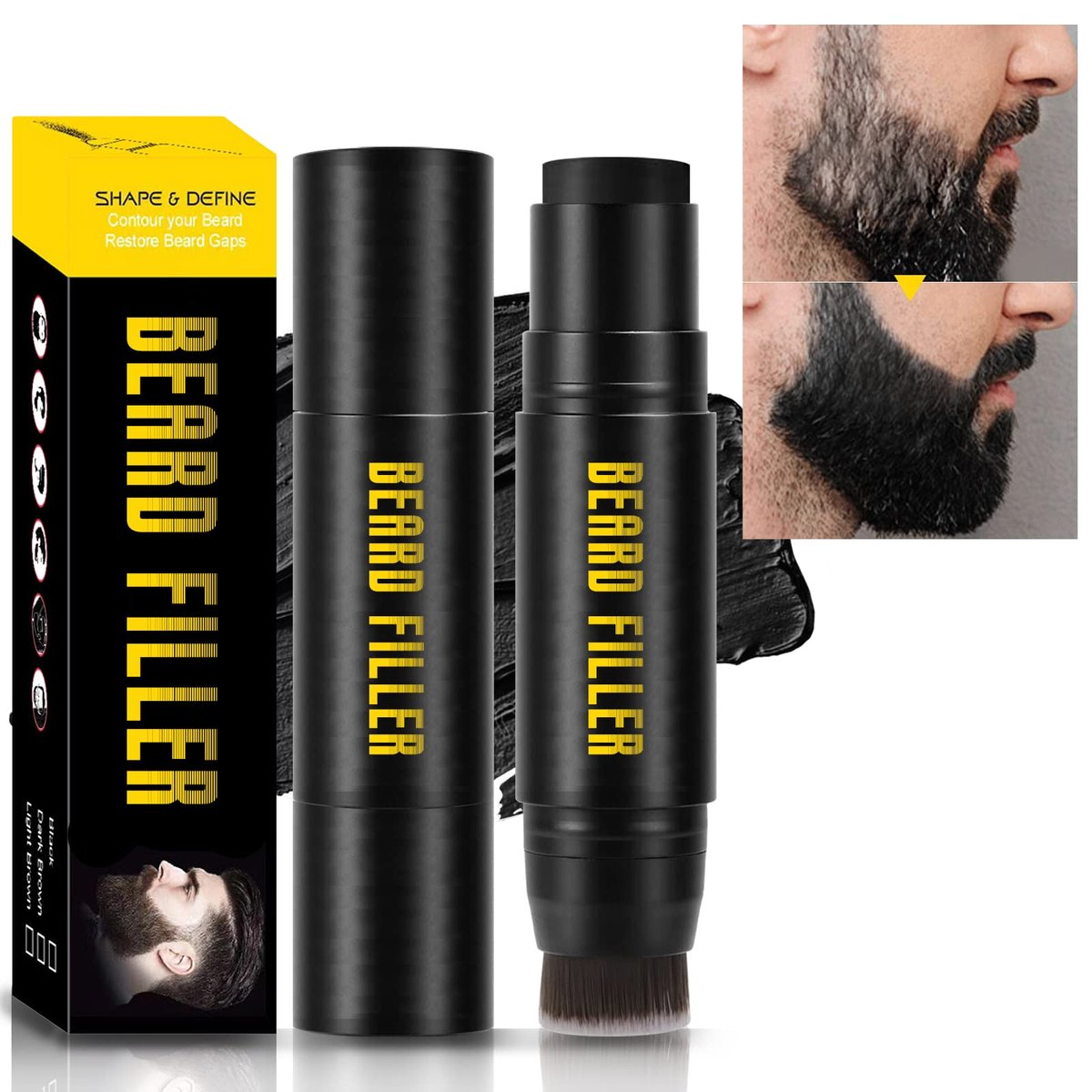 NewBang Bartfüller, 2-in-1 Füllstab und Bürste für Männer, wasserfest, langanhaltend, natürlicher Look, verbessert Bart- und Schnurrbart-Make-up – Schwarz