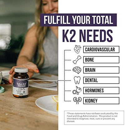 Total K2® | Vitamin K2 als MK7 & MK4 | Plus K1 & Vitamin D3 Cofaktor – 620 µg K2 pro Portion – All-Trans MK7 von MenaQ7® – Vollspektrum-Vitamin K – Vegan, Bio-zertifiziert (60 Kapseln)