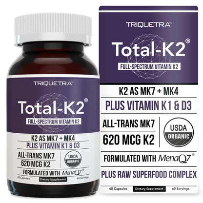 Total K2® | Vitamin K2 als MK7 & MK4 | Plus K1 & Vitamin D3 Cofaktor – 620 µg K2 pro Portion – All-Trans MK7 von MenaQ7® – Vollspektrum-Vitamin K – Vegan, Bio-zertifiziert (60 Kapseln)