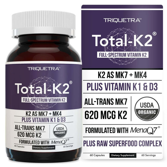Total K2® | Vitamin K2 als MK7 & MK4 | Plus K1 & Vitamin D3 Cofaktor – 620 µg K2 pro Portion – All-Trans MK7 von MenaQ7® – Vollspektrum-Vitamin K – Vegan, Bio-zertifiziert (60 Kapseln)
