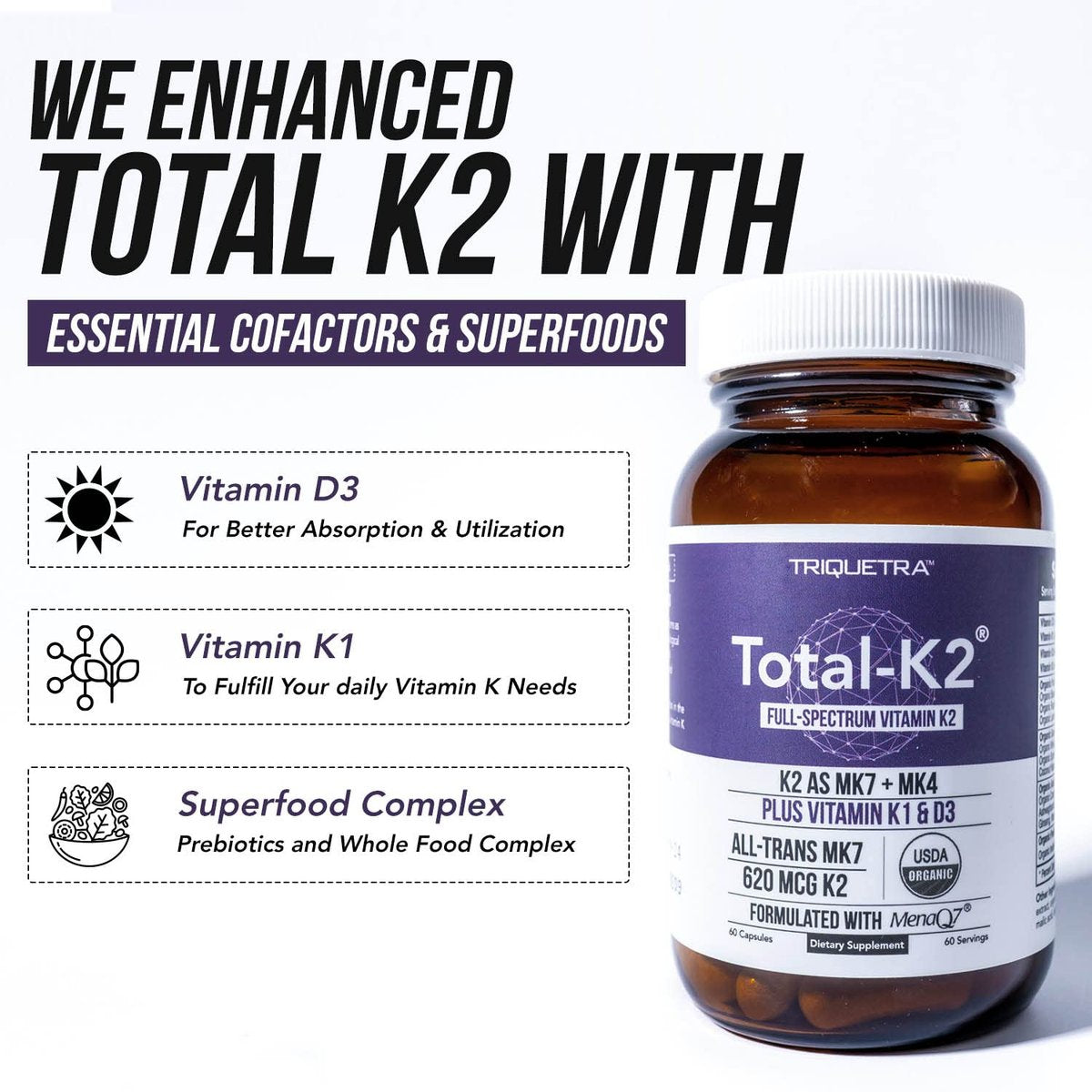 Total K2® | Vitamin K2 als MK7 & MK4 | Plus K1 & Vitamin D3 Cofaktor – 620 µg K2 pro Portion – All-Trans MK7 von MenaQ7® – Vollspektrum-Vitamin K – Vegan, Bio-zertifiziert (60 Kapseln)