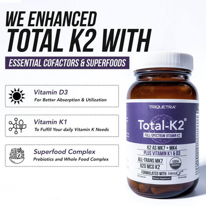 Total K2® | Vitamin K2 als MK7 & MK4 | Plus K1 & Vitamin D3 Cofaktor – 620 µg K2 pro Portion – All-Trans MK7 von MenaQ7® – Vollspektrum-Vitamin K – Vegan, Bio-zertifiziert (60 Kapseln)