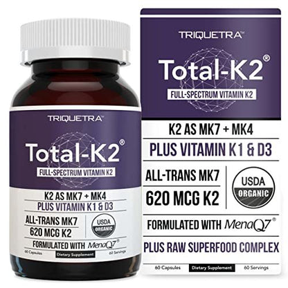 Total K2® | Vitamin K2 als MK7 & MK4 | Plus K1 & Vitamin D3 Cofaktor – 620 µg K2 pro Portion – All-Trans MK7 von MenaQ7® – Vollspektrum-Vitamin K – Vegan, Bio-zertifiziert (60 Kapseln)