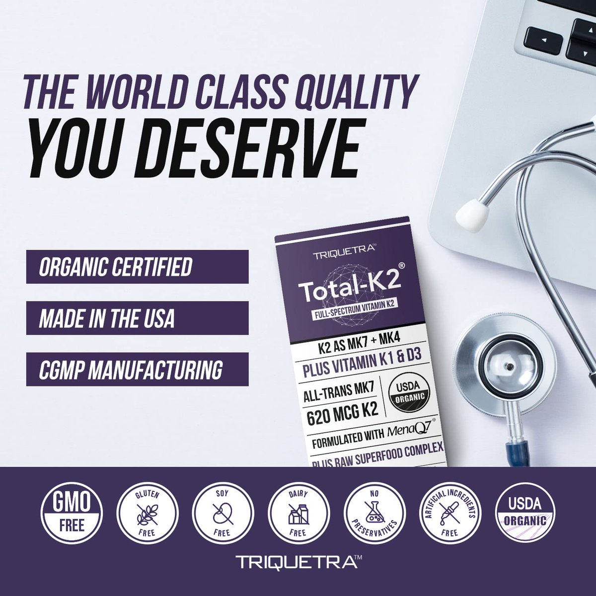 Total K2® | Vitamin K2 als MK7 & MK4 | Plus K1 & Vitamin D3 Cofaktor – 620 µg K2 pro Portion – All-Trans MK7 von MenaQ7® – Vollspektrum-Vitamin K – Vegan, Bio-zertifiziert (60 Kapseln)