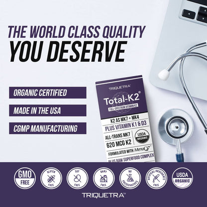 Total K2® | Vitamin K2 als MK7 & MK4 | Plus K1 & Vitamin D3 Cofaktor – 620 µg K2 pro Portion – All-Trans MK7 von MenaQ7® – Vollspektrum-Vitamin K – Vegan, Bio-zertifiziert (60 Kapseln)