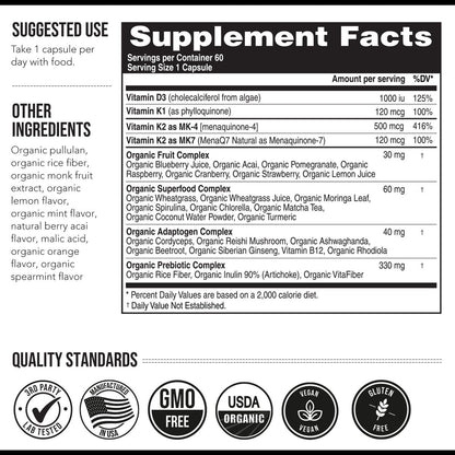 Total K2® | Vitamin K2 als MK7 & MK4 | Plus K1 & Vitamin D3 Cofaktor – 620 µg K2 pro Portion – All-Trans MK7 von MenaQ7® – Vollspektrum-Vitamin K – Vegan, Bio-zertifiziert (60 Kapseln)
