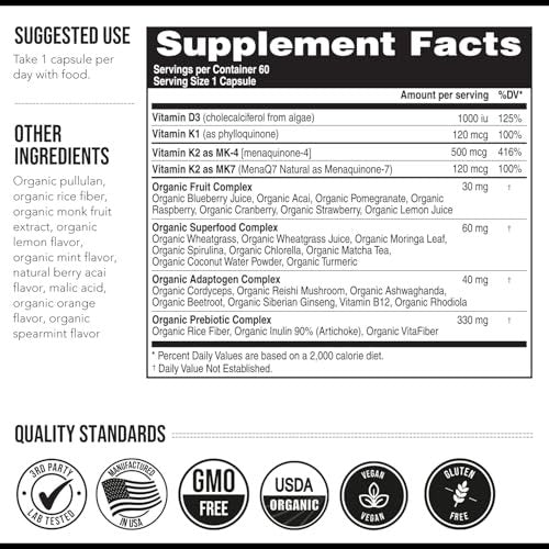 Total K2® | Vitamin K2 als MK7 & MK4 | Plus K1 & Vitamin D3 Cofaktor – 620 µg K2 pro Portion – All-Trans MK7 von MenaQ7® – Vollspektrum-Vitamin K – Vegan, Bio-zertifiziert (60 Kapseln)