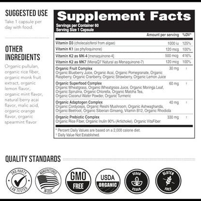 Total K2® | Vitamin K2 als MK7 & MK4 | Plus K1 & Vitamin D3 Cofaktor – 620 µg K2 pro Portion – All-Trans MK7 von MenaQ7® – Vollspektrum-Vitamin K – Vegan, Bio-zertifiziert (60 Kapseln)