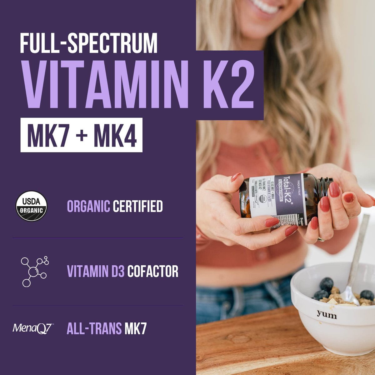 Total K2® | Vitamin K2 als MK7 & MK4 | Plus K1 & Vitamin D3 Cofaktor – 620 µg K2 pro Portion – All-Trans MK7 von MenaQ7® – Vollspektrum-Vitamin K – Vegan, Bio-zertifiziert (60 Kapseln)