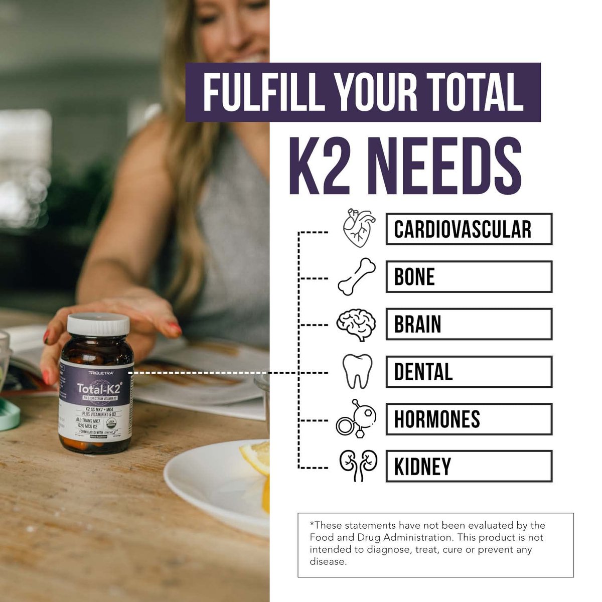 Total K2® | Vitamin K2 als MK7 & MK4 | Plus K1 & Vitamin D3 Cofaktor – 620 µg K2 pro Portion – All-Trans MK7 von MenaQ7® – Vollspektrum-Vitamin K – Vegan, Bio-zertifiziert (60 Kapseln)