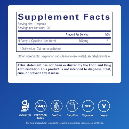 Pure Encapsulations NAC 600 mg – N-Acetylcystein Kapseln für Lungen- und Immununterstützung, Leber- und Antioxidantien-Unterstützung* – 30 Kapseln