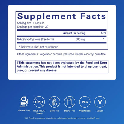 Pure Encapsulations NAC 600 mg – N-Acetylcystein Kapseln für Lungen- und Immununterstützung, Leber- und Antioxidantien-Unterstützung* – 30 Kapseln