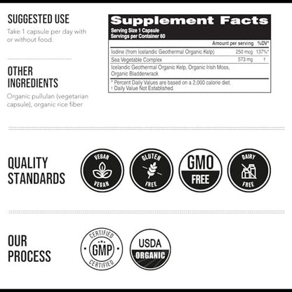 Bio-Jod-Supplement aus Meeresgemüse-Komplex – Vollwertige & rohe Form – Jod plus Spurenelement-Komplex – Enthält reinstes isländisches Seetang, Irish Moss & Blasentang (250 mcg)