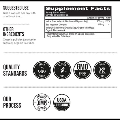 Bio-Jod-Supplement aus Meeresgemüse-Komplex – Vollwertige & rohe Form – Jod plus Spurenelement-Komplex – Enthält reinstes isländisches Seetang, Irish Moss & Blasentang (250 mcg)