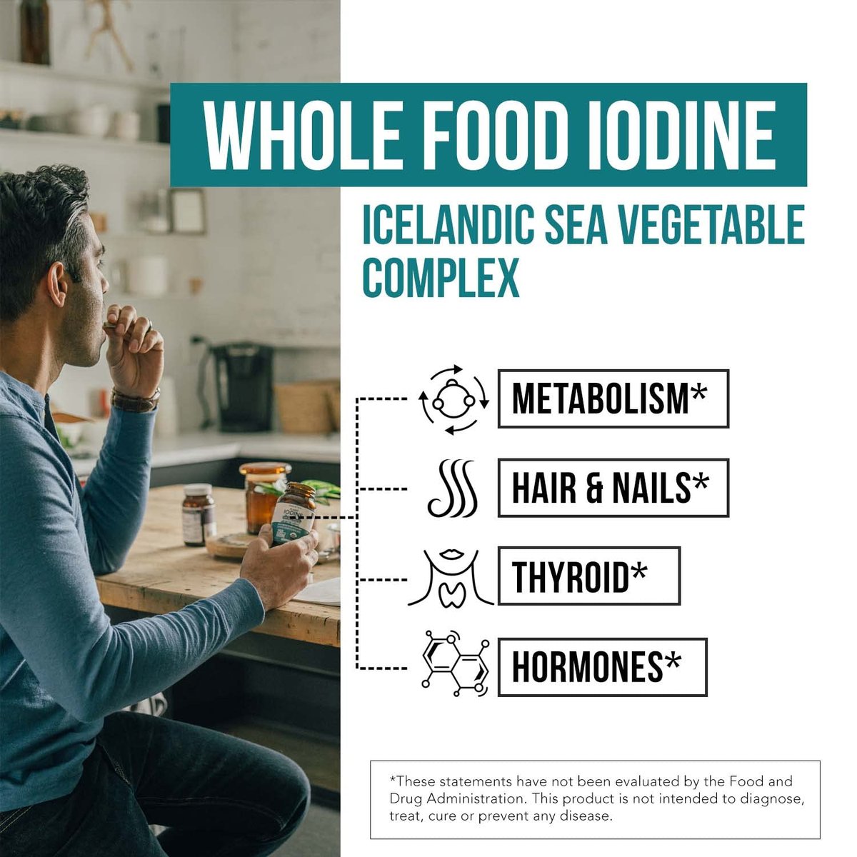 Bio-Jod-Supplement aus Meeresgemüse-Komplex – Vollwertige & rohe Form – Jod plus Spurenelement-Komplex – Enthält reinstes isländisches Seetang, Irish Moss & Blasentang (250 mcg)