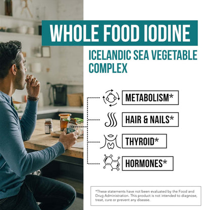 Bio-Jod-Supplement aus Meeresgemüse-Komplex – Vollwertige & rohe Form – Jod plus Spurenelement-Komplex – Enthält reinstes isländisches Seetang, Irish Moss & Blasentang (250 mcg)
