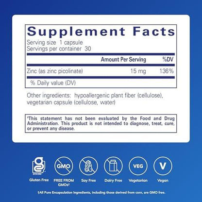 Pure Encapsulations Zink 15 mg – Zinkpicolinat zur Unterstützung des Immunsystems, für Wachstum & Entwicklung und Wundheilung – 30 Kapseln