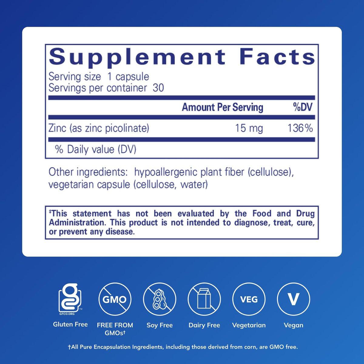 Pure Encapsulations Zink 15 mg – Zinkpicolinat zur Unterstützung des Immunsystems, für Wachstum & Entwicklung und Wundheilung – 30 Kapseln