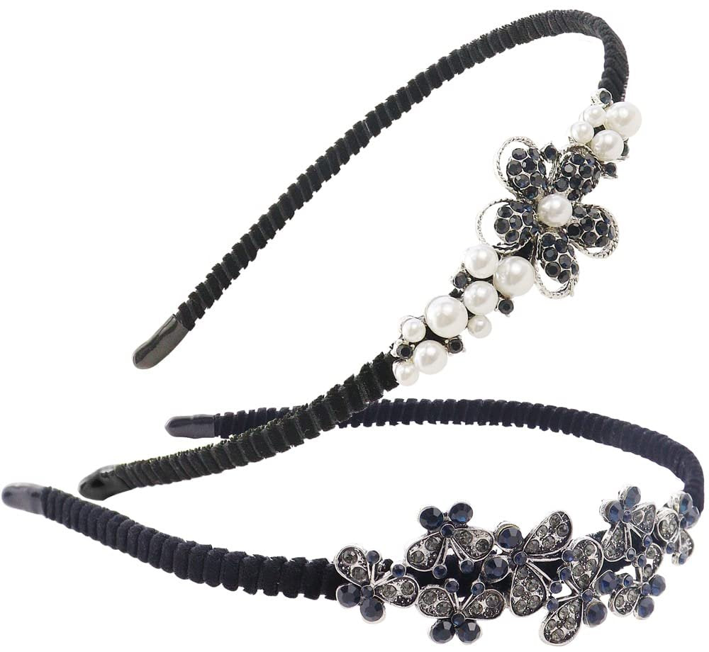 TCOTBE 2er-Pack Kristall-Stirnbänder: Funkelnde Haarbänder mit Schmetterlingsblumen, Vintage-Perlen-Schmuck für Frauen