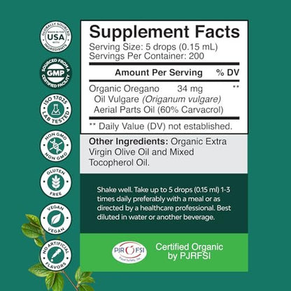 Bio Oregano Öl Tropfen - Hochkonzentriertes flüssiges Oreganoöl mit 60% Carvacrol für Verdauung & Immununterstützung - Flüssiger Kräuterextrakt für Immunstärke & gesunden Darm - 30 ml
