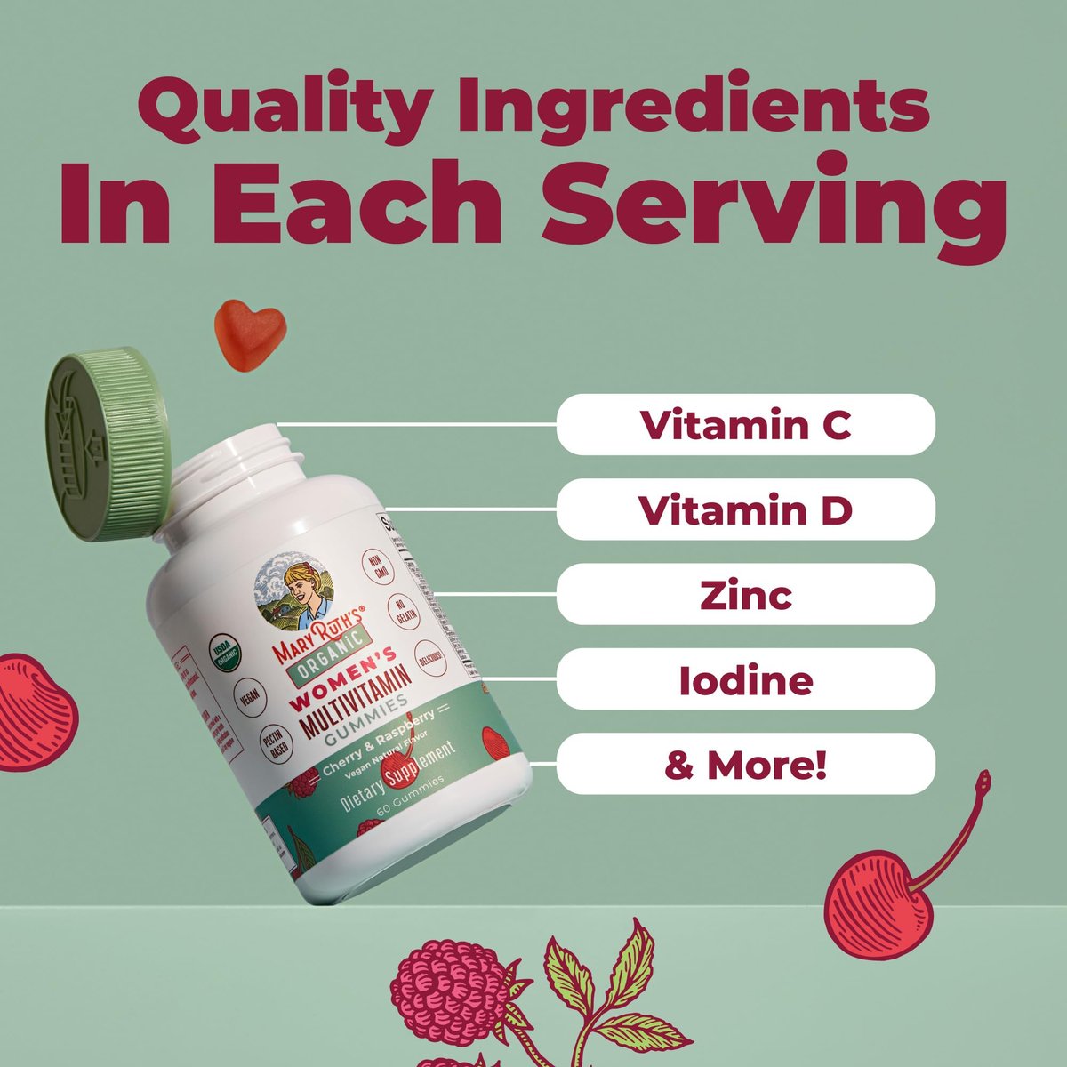 MARYRUTH'S Multivitamin Gummis für Frauen ab 14 Jahren | Immununterstützung | Haar- und Hautgesundheit | Reproduktive Gesundheit | Vitamin A C D E B6 B12 Biotin Zink Jod | Bio | Vegan | Ohne Gentechnik | 60 Stück