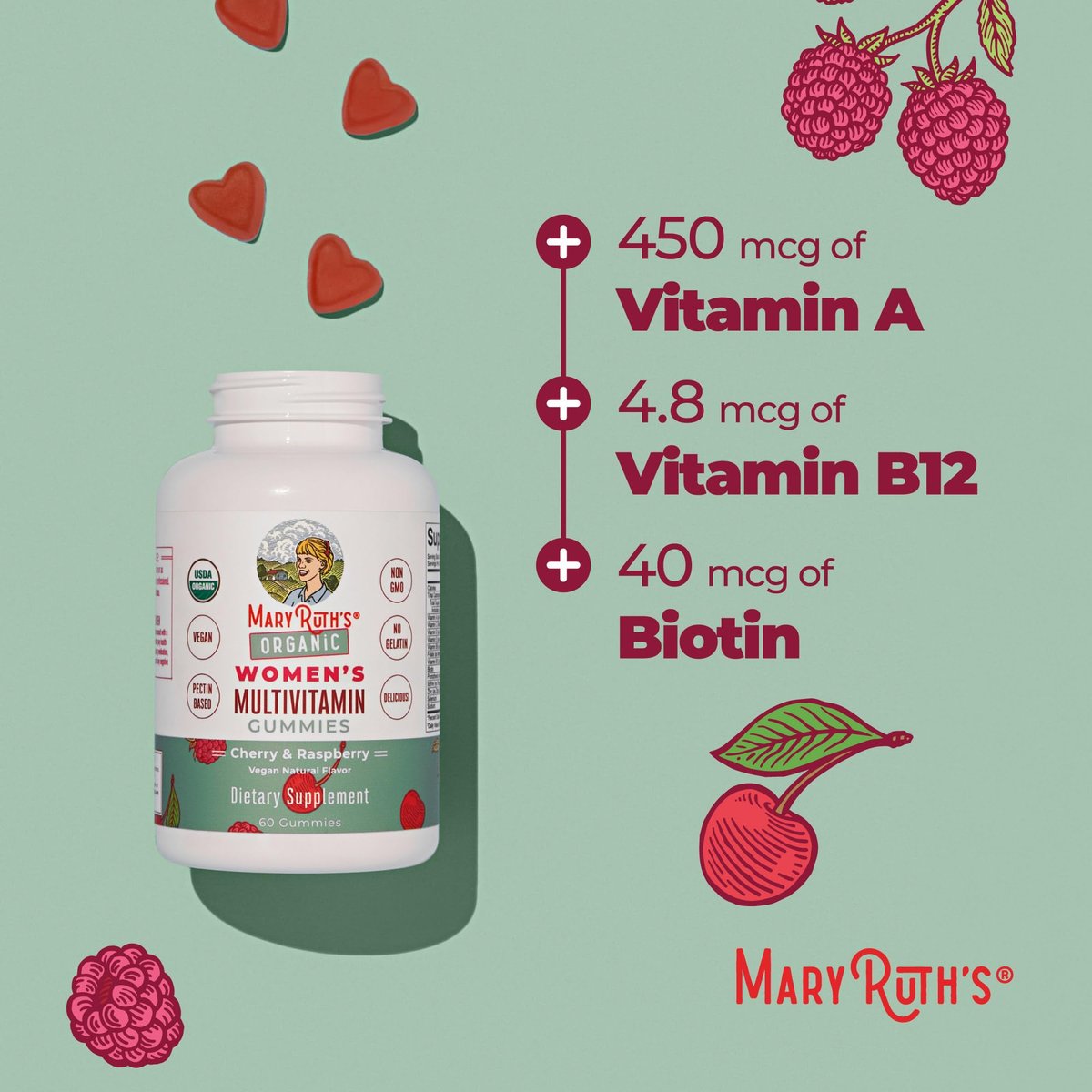 MARYRUTH'S Multivitamin Gummis für Frauen ab 14 Jahren | Immununterstützung | Haar- und Hautgesundheit | Reproduktive Gesundheit | Vitamin A C D E B6 B12 Biotin Zink Jod | Bio | Vegan | Ohne Gentechnik | 60 Stück