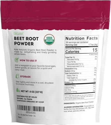 Kate Naturals Bio Rote Bete Pulver für Smoothies, Backen & Saft. Rohes Rote-Bete-Superfood & natürliche rote Lebensmittelfarbe (227 g, ohne Gentechnik, erdiger Geschmack)
