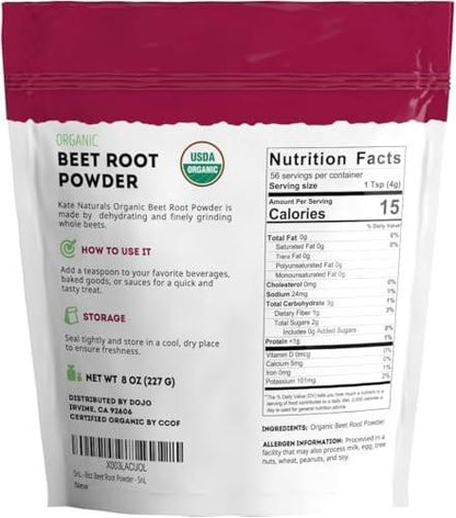 Kate Naturals Bio Rote Bete Pulver für Smoothies, Backen & Saft. Rohes Rote-Bete-Superfood & natürliche rote Lebensmittelfarbe (227 g, ohne Gentechnik, erdiger Geschmack)