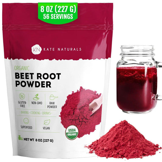 Kate Naturals Bio Rote Bete Pulver für Smoothies, Backen & Saft. Rohes Rote-Bete-Superfood & natürliche rote Lebensmittelfarbe (227 g, ohne Gentechnik, erdiger Geschmack)