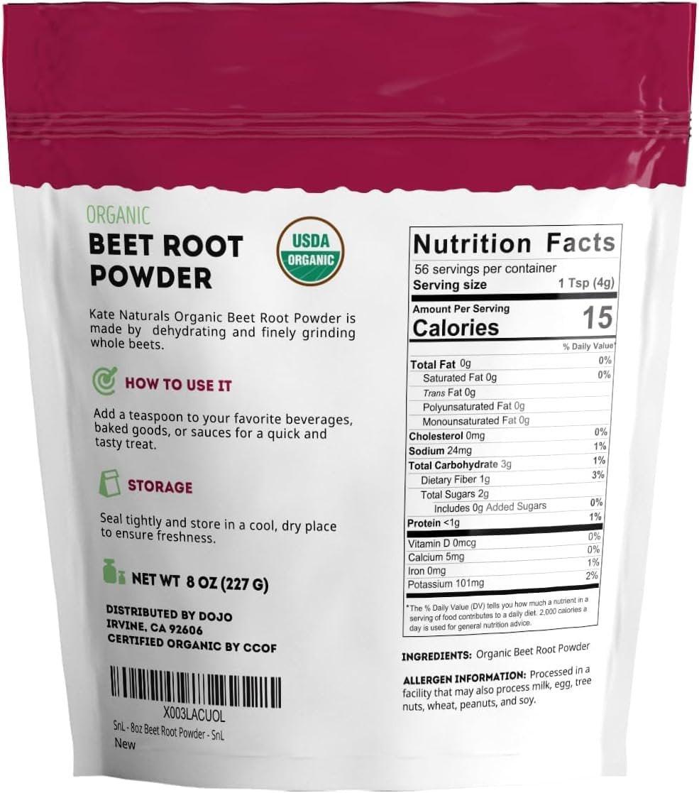 Kate Naturals Bio Rote Bete Pulver für Smoothies, Backen & Saft. Rohes Rote-Bete-Superfood & natürliche rote Lebensmittelfarbe (227 g, ohne Gentechnik, erdiger Geschmack)