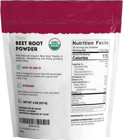 Kate Naturals Bio Rote Bete Pulver für Smoothies, Backen & Saft. Rohes Rote-Bete-Superfood & natürliche rote Lebensmittelfarbe (227 g, ohne Gentechnik, erdiger Geschmack)