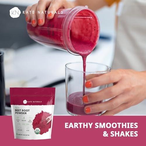 Kate Naturals Bio Rote Bete Pulver für Smoothies, Backen & Saft. Rohes Rote-Bete-Superfood & natürliche rote Lebensmittelfarbe (227 g, ohne Gentechnik, erdiger Geschmack)